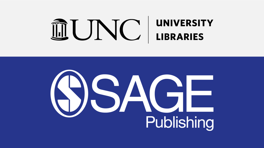 Logos of UNC University Libraries and SAGE Publishing on a split background, top half white and bottom half blue.