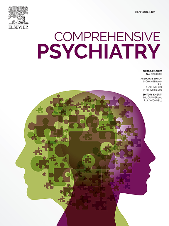 Cover of "Comprehensive Psychiatry" featuring overlapping silhouettes of heads filled with puzzle pieces.