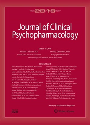 Cover image of the Journal of Clinical Psychopharmacology, Volume 39, Issue 4, July/August 2019, with editors' names and editorial board listed.
