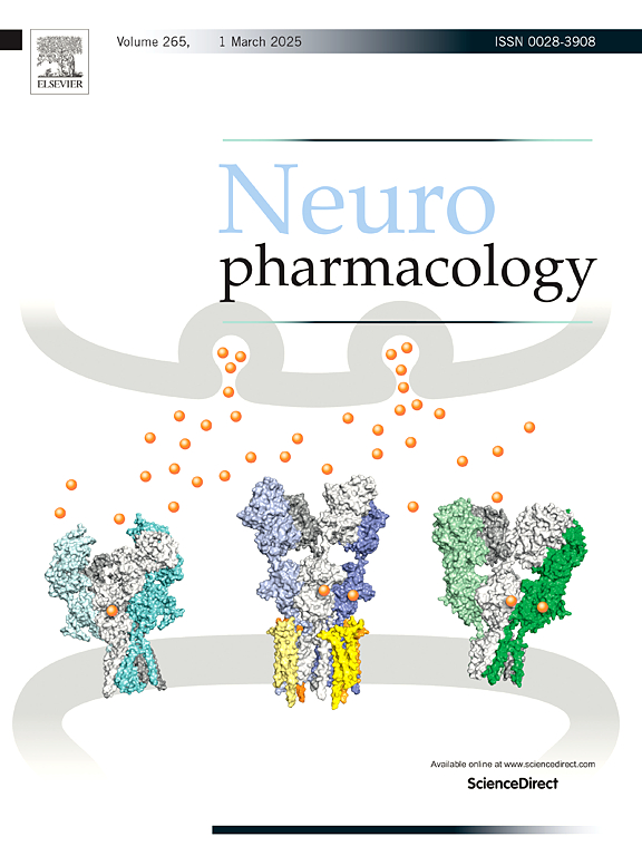 Cover of Neuropharmacology, Volume 265, featuring molecular structures and orange spheres on a white background, dated March 1, 2025.
