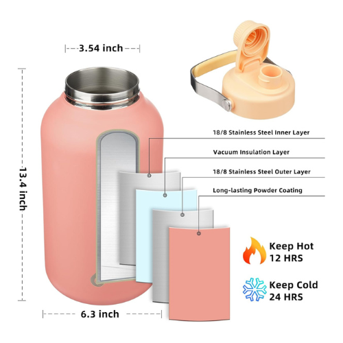 Diagram showing a pink insulated bottle with labeled layers, dimensions, and icons indicating it keeps drinks hot for 12 hours and cold for 24 hours. Diagram showing a pink insulated bottle with labeled layers, dimensions, and icons indicating it keeps drinks hot for 12 hours and cold for 24 hours.