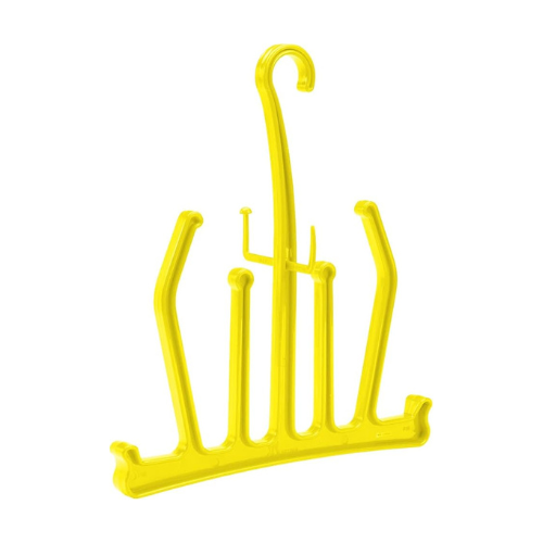 A yellow plastic multi-purpose hanger with several hooks and arms, designed for organizing or hanging multiple items. A yellow plastic multi-purpose hanger with several hooks and arms, designed for organizing or hanging multiple items.