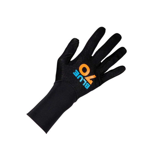 A black neoprene glove with "BLUE 70" printed in blue and orange on the back of the hand, displayed on a white background. A black neoprene glove with "BLUE 70" printed in blue and orange on the back of the hand, displayed on a white background.