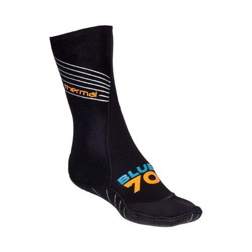 A black neoprene thermal sock with "thermal" in orange and striped lines, plus "BLUE70" in blue and orange text printed on the side. A black neoprene thermal sock with "thermal" in orange and striped lines, plus "BLUE70" in blue and orange text printed on the side.