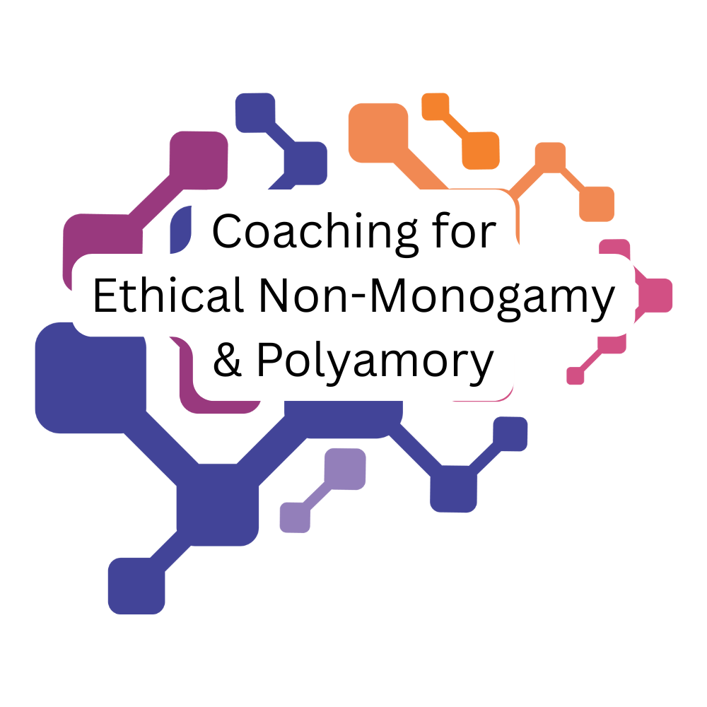 Abstract network graphic with text overlay: "Coaching for Ethical Non-Monogamy & Polyamory.