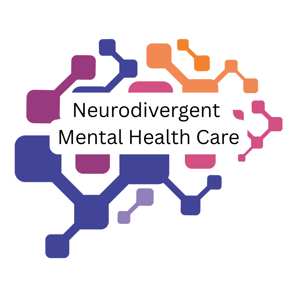 Abstract geometric shapes in purple, orange, and pink surround the words "Neurodivergent Mental Health Care" on a white background.