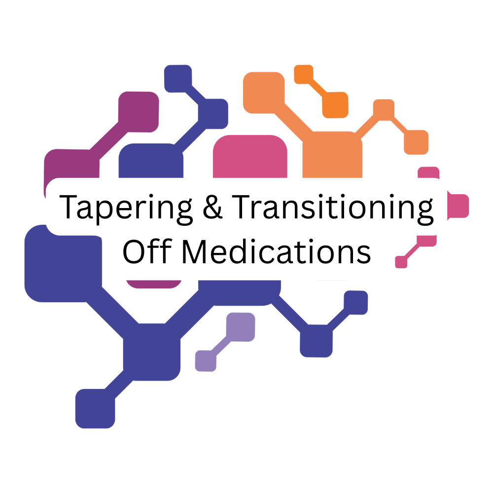 Text "Tapering & Transitioning Off Medications" overlaid on an abstract network graphic with interconnected shapes in blue, purple, pink, and orange.